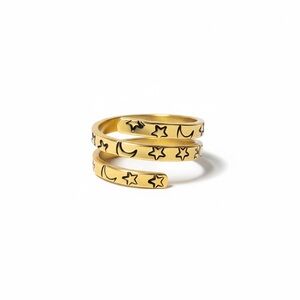 Handmade stamped Star and Moon gold brass adjustable wrap thumb Ring‎